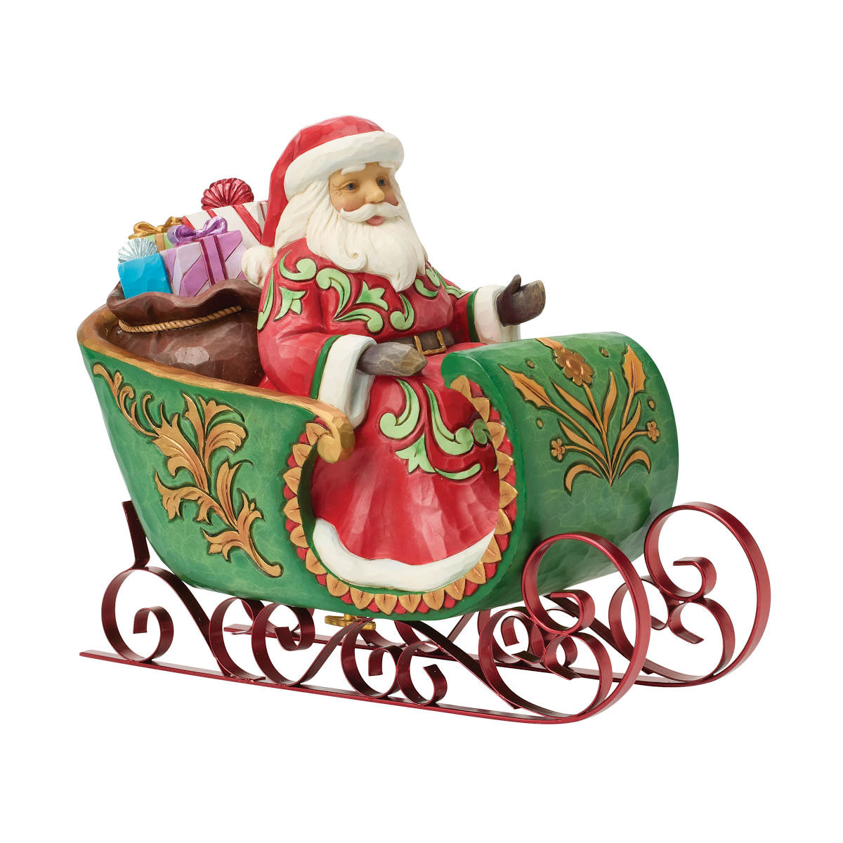 Handbemalte Jim Shore Heartwood Creek Figur Weihnachtsmann im festlichen Schlitten mit Geschenkesack und Schnitz-Optik